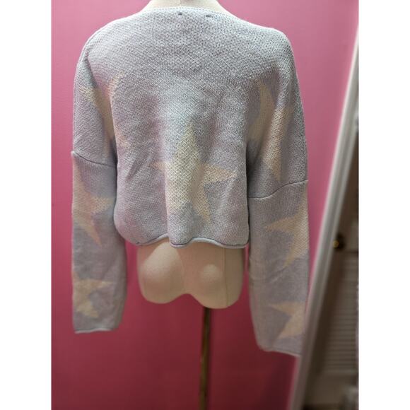 IVORY Crop Knit Wool Blend Sweater Blue Stars Top Slouchy Oversized Medium Large - Picture 2 of 3